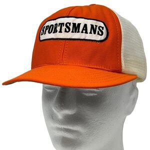 Vintage 80s Sportsmans Trucker Hat Cap Orange Made In USA Mesh Snapback Hunter